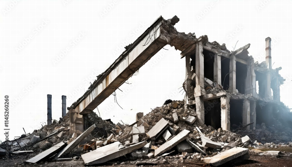 Wrecked Building Panorama with Concrete Debris and Huge Beam on Isolated White Background A Striking Visual of Urban Decay and Architectural Ruin Capturing the Essence of Destruction and Abandonment Wrecked Building Panorama with Concrete Debris and Huge Beam on Isolated White Background A Striking Visual of Urban Decay and Architectural Ruin Capturing the Essence of Destruction and Abandonment