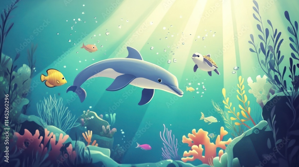 Fototapeta premium A vibrant underwater scene featuring a dolphin and various colorful fish among coral reefs.