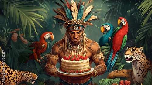 A tribal warrior with a feathered headdress holding a ceremonial birthday cake surrounded by wolves ravens and deer. Caricature style. photo