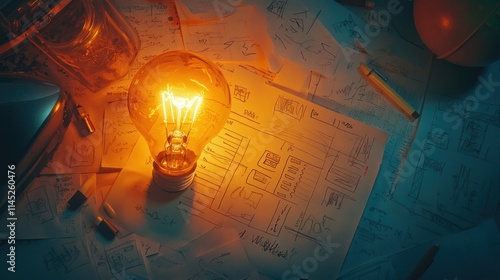 A glowing light bulb sits atop sketches and notes, symbolizing ideas and creativity.