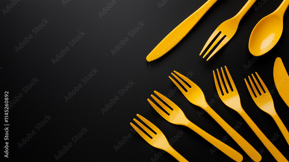 Yellow plastic utensils arranged creatively on a black background showcasing modern tableware design Yellow plastic utensils arranged creatively on a black background showcasing modern tableware design