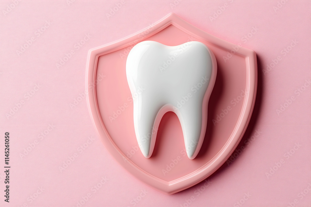 A glossy white tooth icon on a pink shield background, symbolizing dental health and protection. A glossy white tooth icon on a pink shield background, symbolizing dental health and protection.