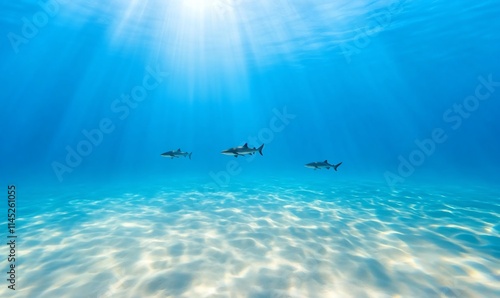 Underwater scene with three sharks in sunlit ocean. photo