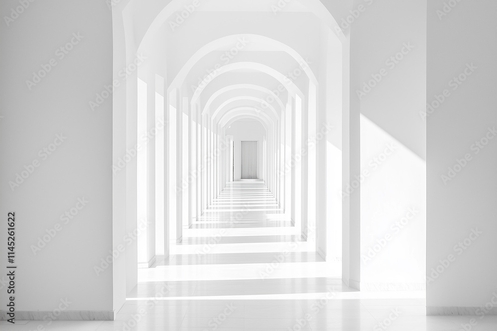 Bright white corridor in a modern building with arches and soft light creating a serene atmosphere