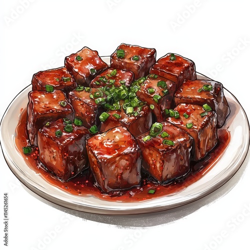 Chinese braised pork belly hong shao rou national cuisine dish isolated on white background, colorful cartoon illustration photo