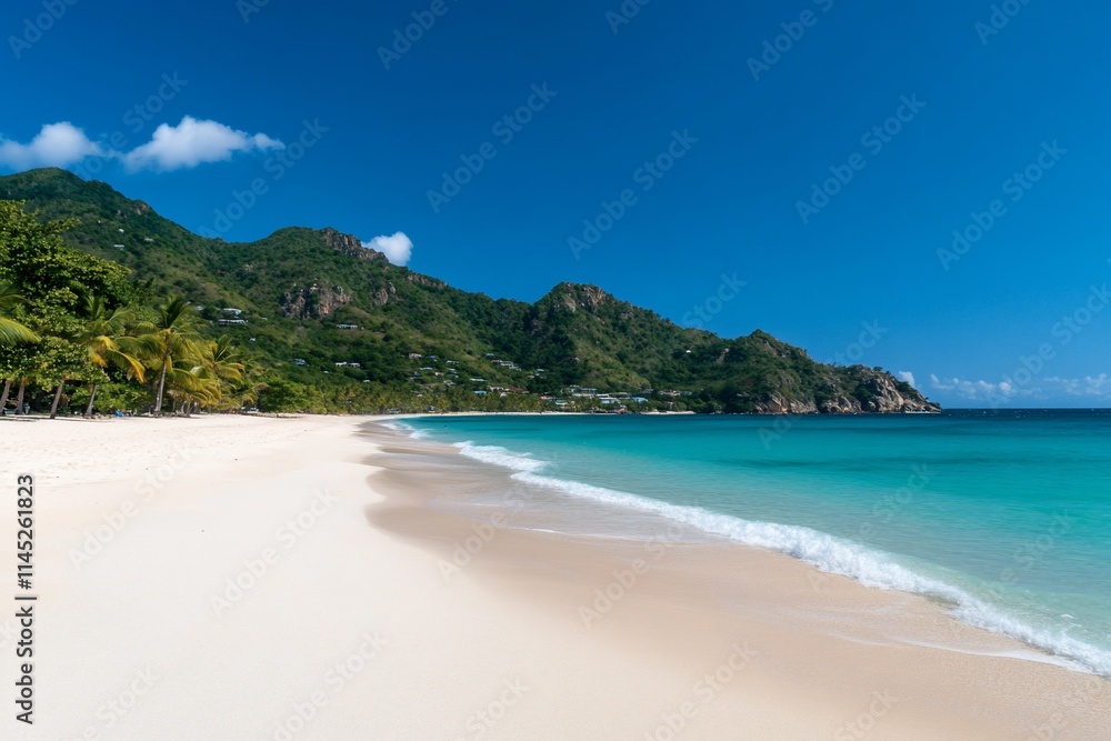 Tropical beach with white sand, turquoise water, and lush green mountains under a clear blue sky. Tropical beach with white sand, turquoise water, and lush green mountains under a clear blue sky.