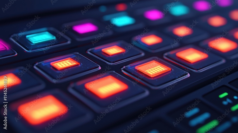 Vibrant Control Buttons on Modern Digital Interface in Close-Up Vibrant Control Buttons on Modern Digital Interface in Close-Up