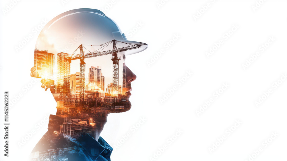 Silhouette of engineer wearing helmet with city skyline overlay, symbolizing innovation and construction. Doble exposure. Silhouette of engineer wearing helmet with city skyline overlay, symbolizing innovation and construction. Doble exposure.