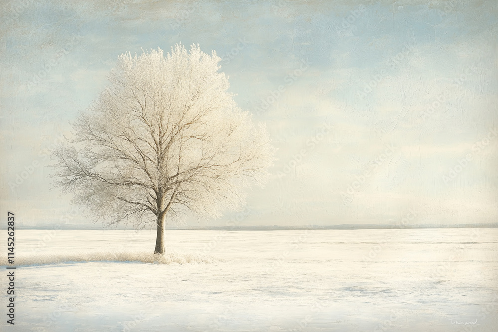 Fototapeta premium Solitary white tree stands tall in a pristine snowy meadow under a serene winter sky