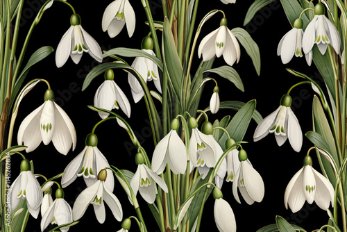 Seamless vector pattern with snowdrop flowers isolated on a changeable background. Vintage painting style illustration.