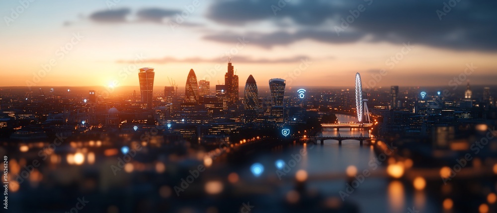 Fototapeta premium Sunset over a city skyline, showcasing modern architecture and lights.