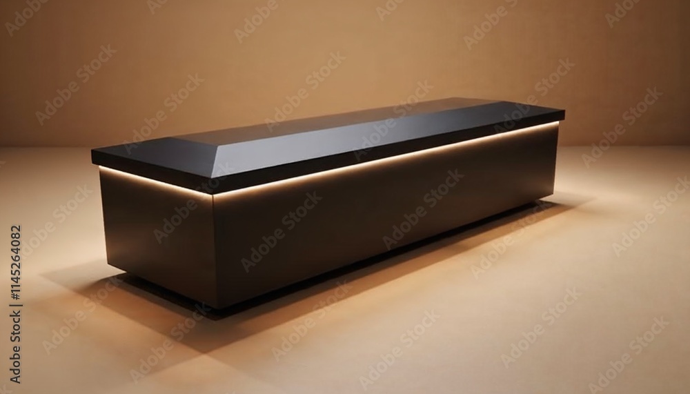 Modern black coffin with minimalist design and soft ambient lighting on a beige background for funeral ceremonies Modern black coffin with minimalist design and soft ambient lighting on a beige background for funeral ceremonies