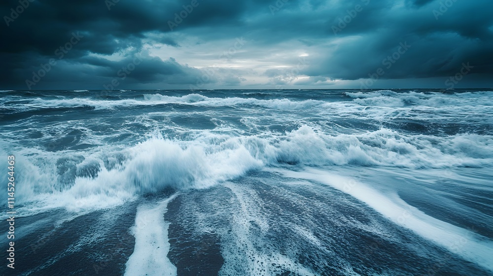 Fototapeta premium An expressive painting of a stormy sea with waves crashing onto the shore in dynamic swirling strokes of blue and white.