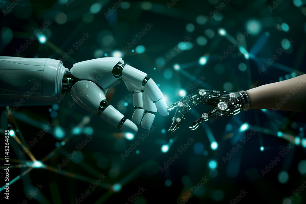 Artificial technology, robotics concept. Hands touching. impact of ai on humanity. High quality photo Artificial technology, robotics concept. Hands touching. impact of ai on humanity. High quality photo