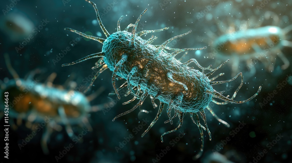Isolated close-up of a bacterium with detailed flagella and 3D textures, bacteria, cellular microbiology 