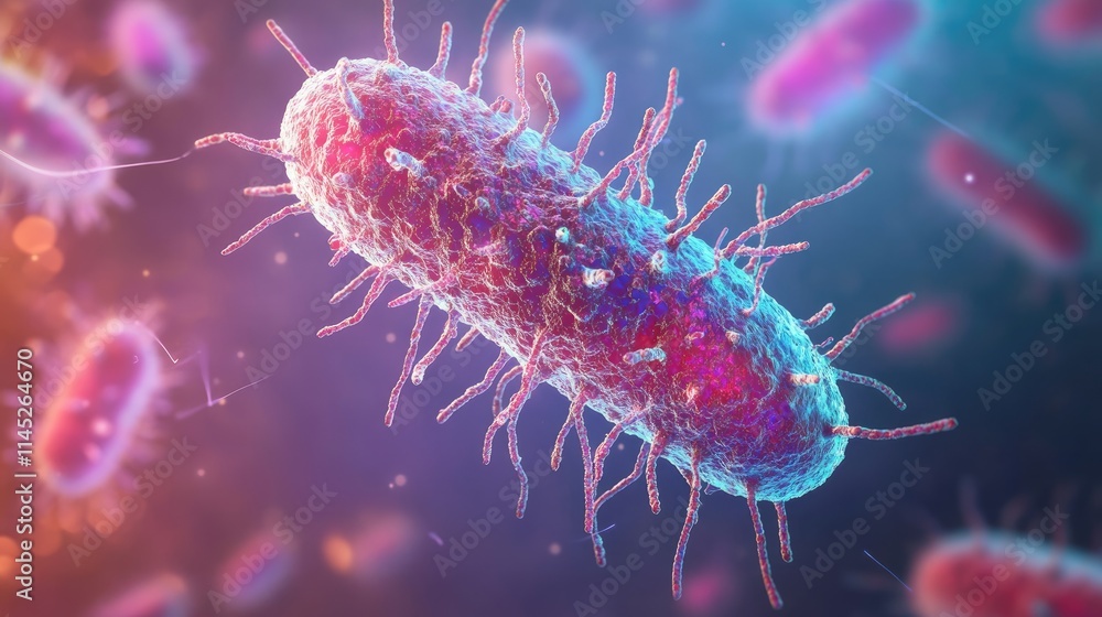 Isolated close-up of a bacterium with detailed flagella and 3D textures, bacteria, cellular microbiology Isolated close-up of a bacterium with detailed flagella and 3D textures, bacteria, cellular microbiology