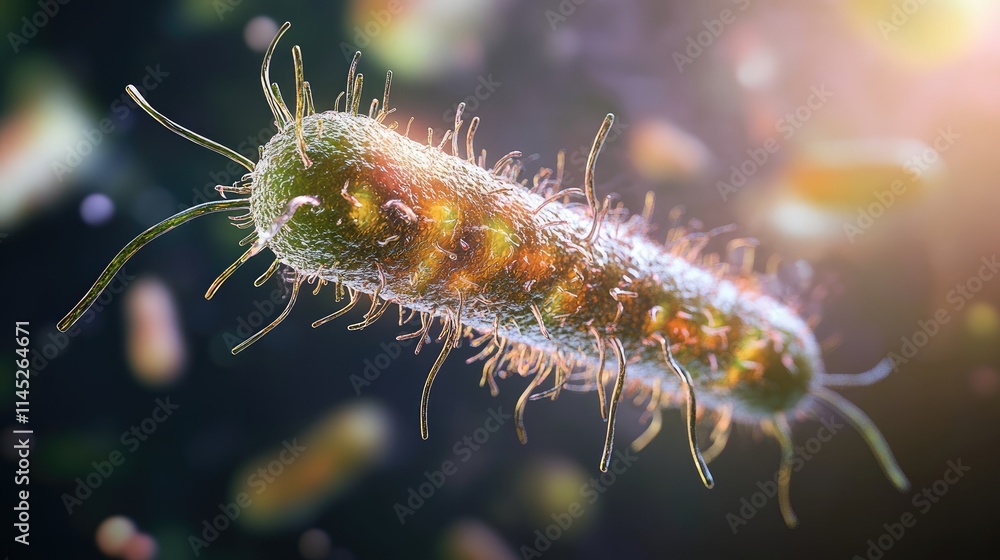 Fototapeta premium Isolated close-up of a bacterium with detailed flagella and 3D textures, bacteria, cellular microbiology 