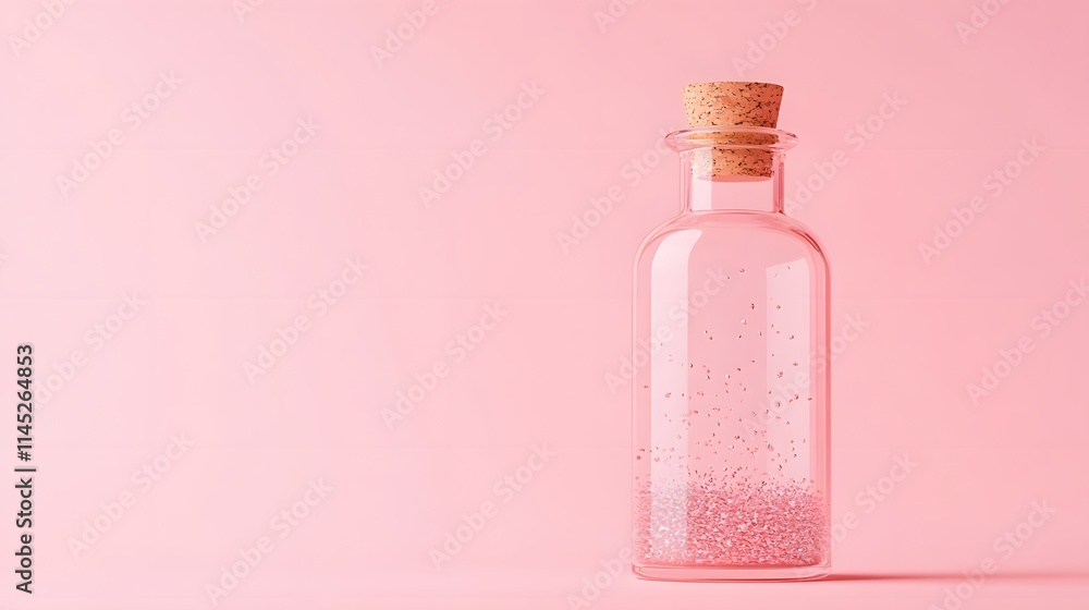 A single elegant glass bottle with a cork containing lavender oil and floating copper flakes spotlighted on a hot pink backdrop. A single elegant glass bottle with a cork containing lavender oil and floating copper flakes spotlighted on a hot pink backdrop.