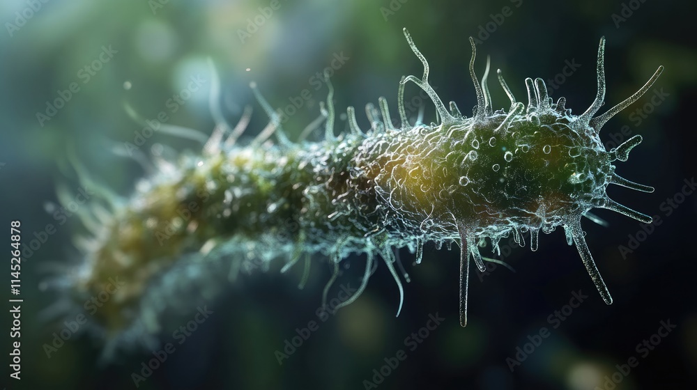 Isolated close-up of a bacterium with detailed flagella and 3D textures, bacteria, cellular microbiology Isolated close-up of a bacterium with detailed flagella and 3D textures, bacteria, cellular microbiology