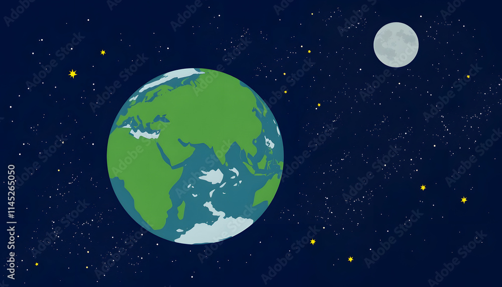 Fototapeta premium The earth the moon and stars in space, clipart style, with white tones