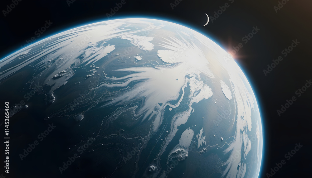 Naklejka premium A view of the earth from space with a crescent moon., realistic, with white tones