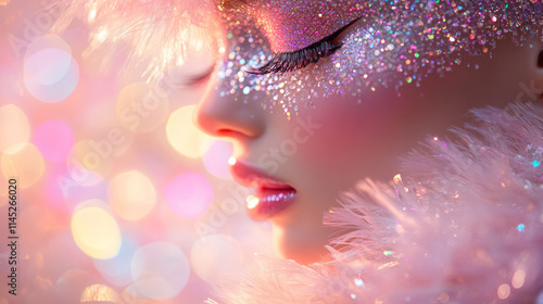 Close-up of a glamorous woman’s face with glitter makeup and glossy lips surrounded by soft feathers. Sparkling bokeh background in pastel pink tones. Fashion and beauty concept.