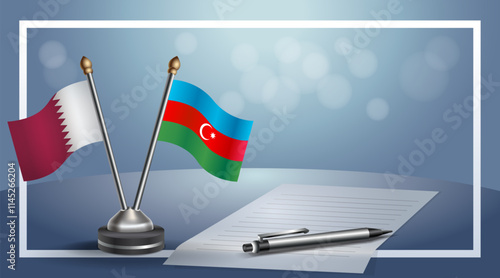 Qatar and Azerbaijan National flags on small table with bokeh background, cooperative relationship.....