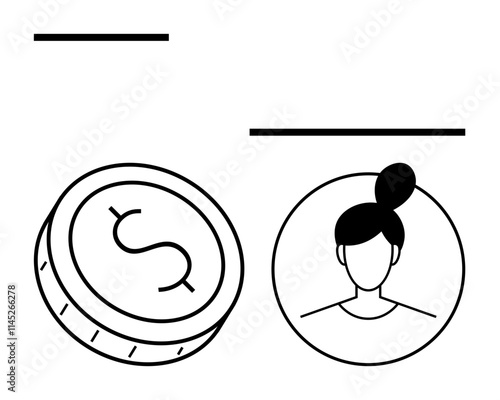 Coin with dollar sign and woman avatar with black hair bun in circles and black horizontal lines above. Ideal for finance, profiles, user interfaces, avatar representations, money-related apps