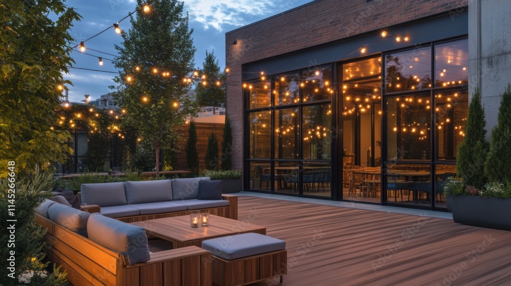 Patio decorado con luces de string y muebles de exterior Patio decorado con luces de string y muebles de exterior