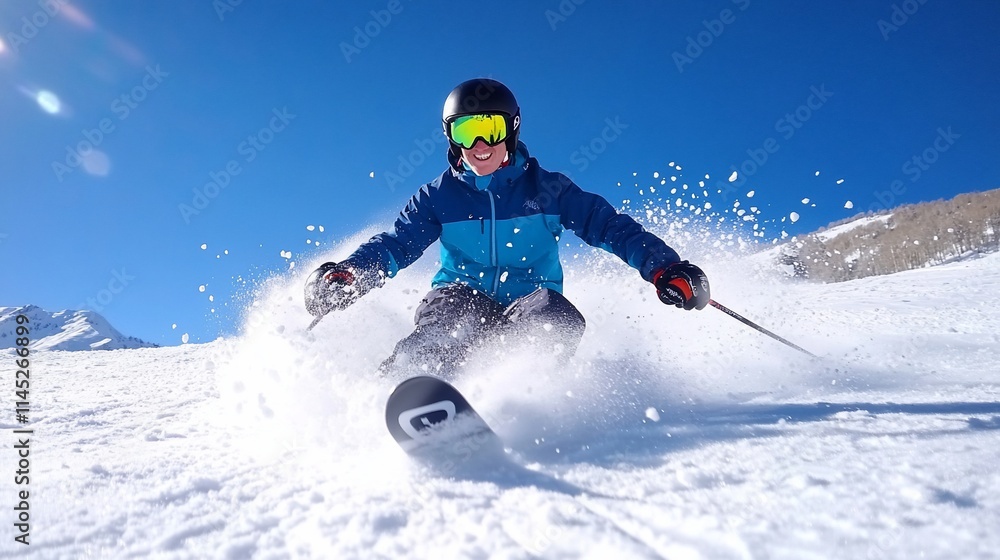 Skier carving turns down snowy mountain slope. (1) Skier carving turns down snowy mountain slope. (1)