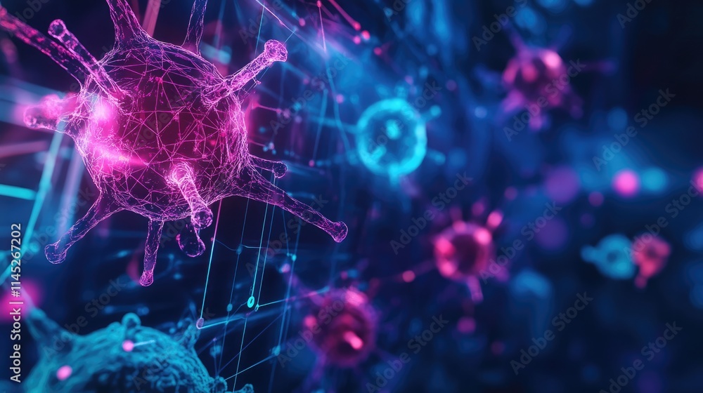 Pathogen network interconnected with neon bio-hacking symbols, pathogens, futuristic biosecurity Pathogen network interconnected with neon bio-hacking symbols, pathogens, futuristic biosecurity