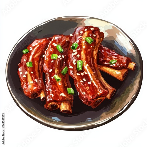 Chinese sweet and sour spare ribs tang cu pai gu national cuisine dish isolated on white background, colorful cartoon illustration