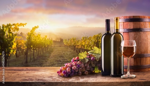 Wine farm - Wine making yard with bottles, grapes, barrel  and red wine in wineglasse on wood table photo