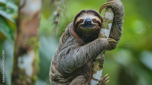 Charming Portrait of a Bradypus Variegatus (Brown-Throated Sloth), Capturing the Endearing Expression and Slow-Moving Grace of This Unique Creature photo