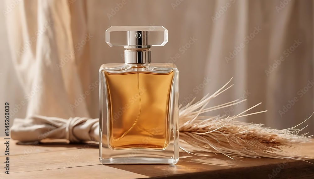 Fototapeta premium Elegant Perfume Bottle on Wooden Table with Soft Beige Backdrop and Dried Flowers