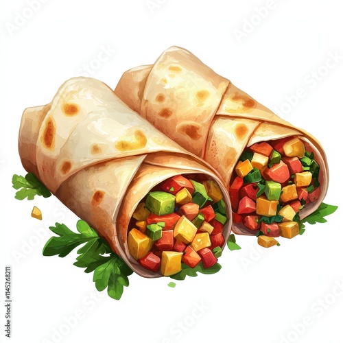 Mexican burritos national cuisine dish isolated on white background, colorful cartoon illustration