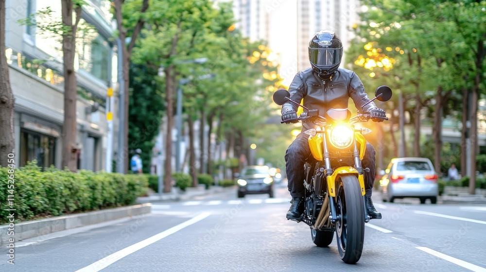 Motorcyclist riding a yellow motorcycle on a city street at sunset. Motorcyclist riding a yellow motorcycle on a city street at sunset.