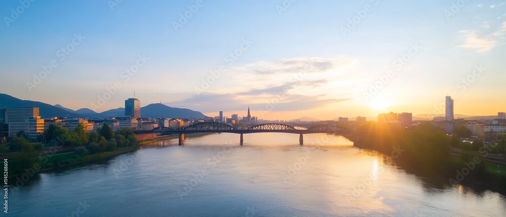 Naklejka premium Scenic view of a river and bridge during sunrise.