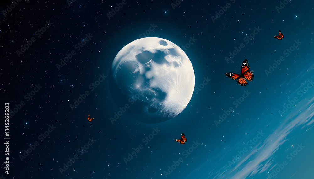 Celestial Harmony: Moon, Earth, and Cosmic Butterflies, angled photoshot, with white tones Celestial Harmony: Moon, Earth, and Cosmic Butterflies, angled photoshot, with white tones