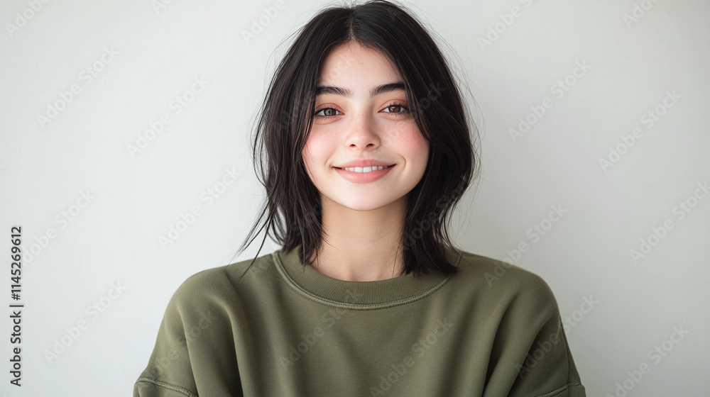 Beautiful young lady with black hair wearing an olive green sweatshirt. smiling and looking at the camera. studio shot, clean wall in the background. cute pretty woman, smiling girl model portrait. Beautiful young lady with black hair wearing an olive green sweatshirt. smiling and looking at the camera. studio shot, clean wall in the background. cute pretty woman, smiling girl model portrait.