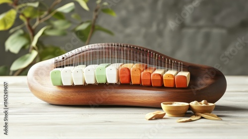 Traditional Cultural Instruments Swedish nyckelharpa with a keybox and bowed strings for traditional tunes Isolated solo on plain background photo