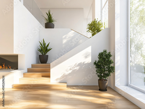 Stunning Modern Interior Featuring a Sweeping Curved Staircase and Expansive Windows Overlooking Lush Greenery, Capturing a Luxurious and Bright Living Space with a Seamless Connection to Nature