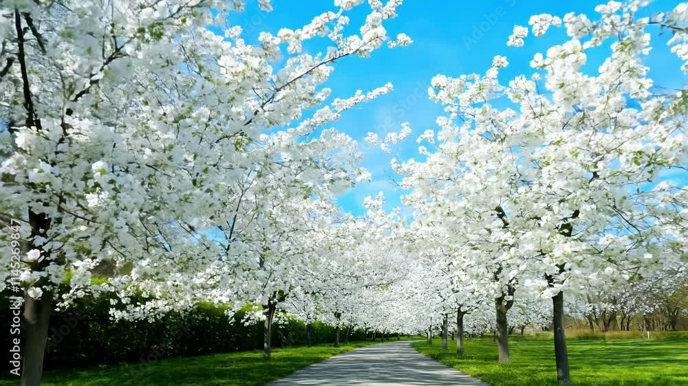 Fluid tracking video follows a path with flowering dogwood trees, white blooms against a blue sky Fluid tracking video follows a path with flowering dogwood trees, white blooms against a blue sky