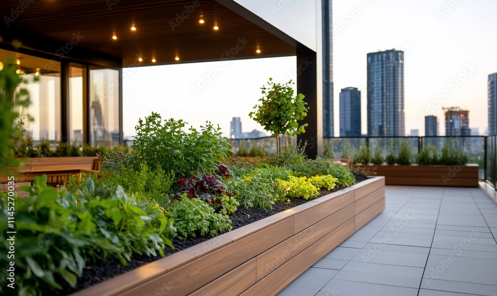 Rooftop garden with city skyline view at sunset. Rooftop garden with city skyline view at sunset.