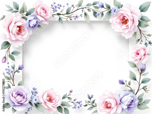 Elegant Floral Frame with Pink and Purple Roses and Greenery

