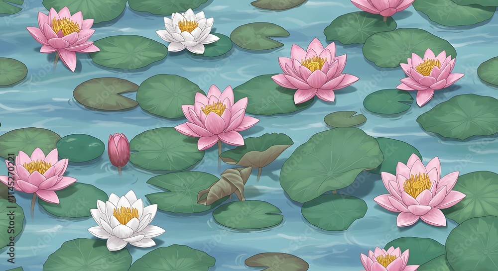 Beautiful pink and white lotus flowers in a serene lotus pond. Water lilies and green leaves float on the water. Floral paradise. Beautiful pink and white lotus flowers in a serene lotus pond. Water lilies and green leaves float on the water. Floral paradise.