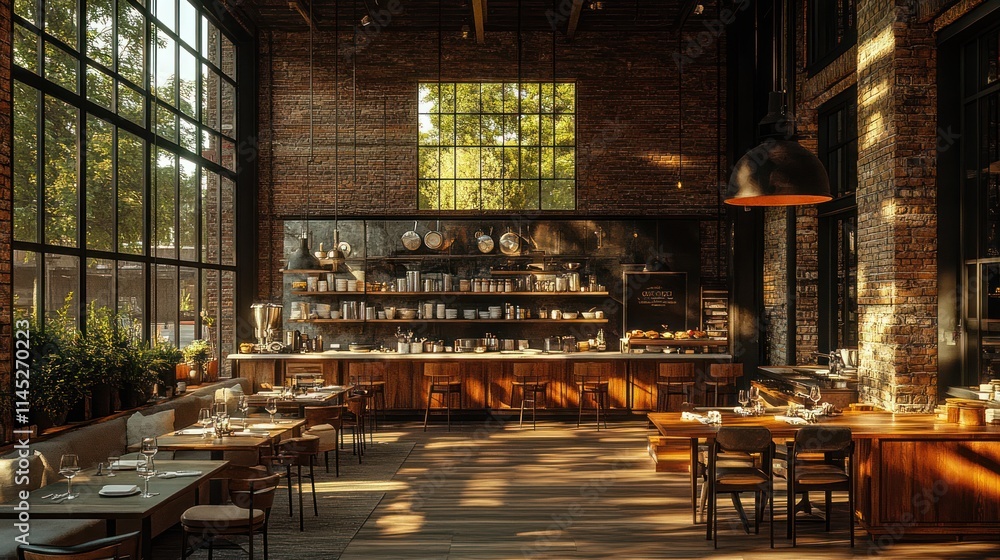 Sunlit industrial-chic restaurant interior with exposed brick walls, large windows, wooden tables, and a long bar.