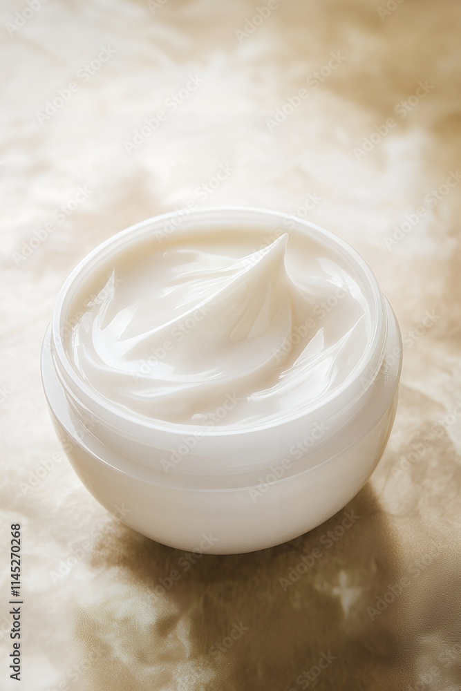 Moisturizing cream in a white jar placed on a textured surface with a subtle sheen reflecting light Moisturizing cream in a white jar placed on a textured surface with a subtle sheen reflecting light