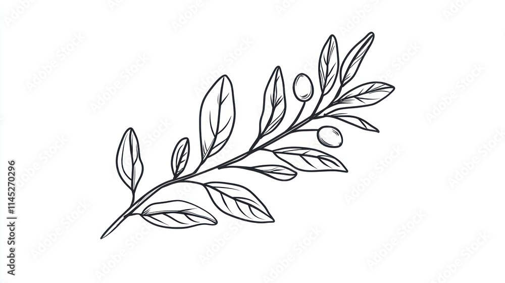 Fototapeta premium Simple line drawing of a branch with leaves and berries.