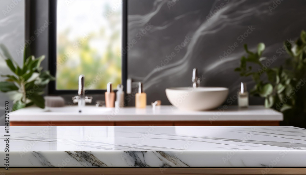 Empty marble surface and blurred view of modern bathroom Empty marble surface and blurred view of modern bathroom